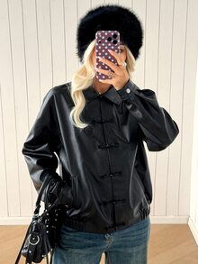 SHEIN EZwear Fashionable Versatile Black Frog Button PU Leather Jacket - Black - View 8