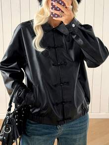SHEIN EZwear Fashionable Versatile Black Frog Button PU Leather Jacket - Black - View 11