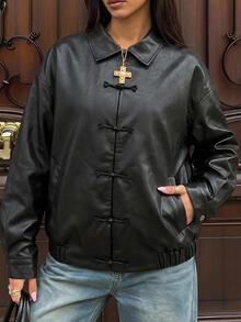 SHEIN EZwear Fashionable Versatile Black Frog Button PU Leather Jacket - Black - View 9