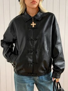 SHEIN EZwear Fashionable Versatile Black Frog Button PU Leather Jacket - Black - View 5