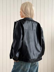 SHEIN EZwear Fashionable Versatile Black Frog Button PU Leather Jacket - Black - View 2