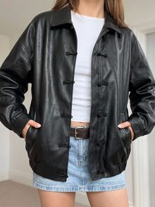 SHEIN EZwear Fashionable Versatile Black Frog Button PU Leather Jacket - Black - View 10