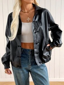 SHEIN EZwear Fashionable Versatile Black Frog Button PU Leather Jacket - Black - View 3