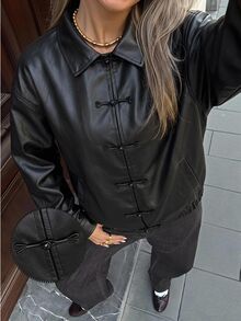 SHEIN EZwear Fashionable Versatile Black Frog Button PU Leather Jacket - Black - View 12