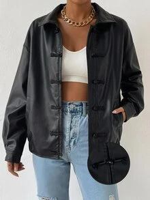 SHEIN EZwear Fashionable Versatile Black Frog Button PU Leather Jacket - Black - View 7