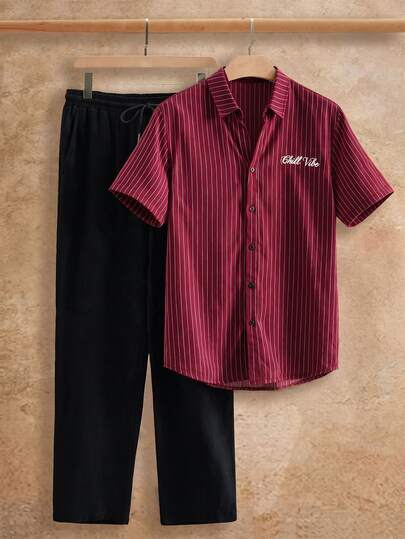 HIMLAND 2pcs/Set Men's Summer Polyester Brushed Striped Casual Short Sleeve Shirt And Loose Comfortable Linen Long Pants