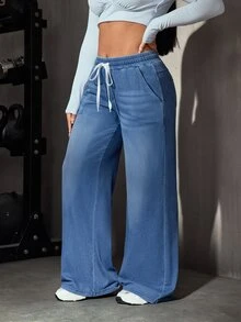 Flexra Plus Size Women's All-Season Stretch Casual Elastic Waist Drawstring Denim Jeans - Medium Wash - View 7