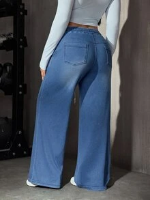Flexra Plus Size Women's All-Season Stretch Casual Elastic Waist Drawstring Denim Jeans - Medium Wash - View 3