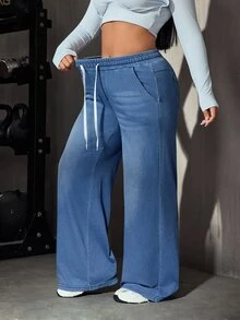 Flexra Plus Size Women's All-Season Stretch Casual Elastic Waist Drawstring Denim Jeans - Medium Wash - View 9