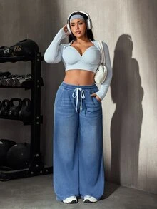 Flexra Plus Size Women's All-Season Stretch Casual Elastic Waist Drawstring Denim Jeans - Medium Wash - View 8