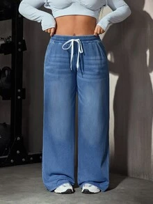 Flexra Plus Size Women's All-Season Stretch Casual Elastic Waist Drawstring Denim Jeans - Medium Wash - View 5