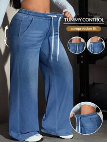 Flexra Plus Size Women's All-Season Stretch Casual Elastic Waist Drawstring Denim Jeans - Medium Wash - View 2