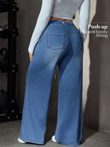 Flexra Plus Size Women's All-Season Stretch Casual Elastic Waist Drawstring Denim Jeans - Medium Wash - View 10