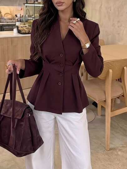Aloruh Women's Autumn/Winter New Burgundy Elegant Elegant Modern Fashionable Daily Commute Exquisite Street Minimalist Casual V-Neck Ruched Waist X-Silhouette Blazer