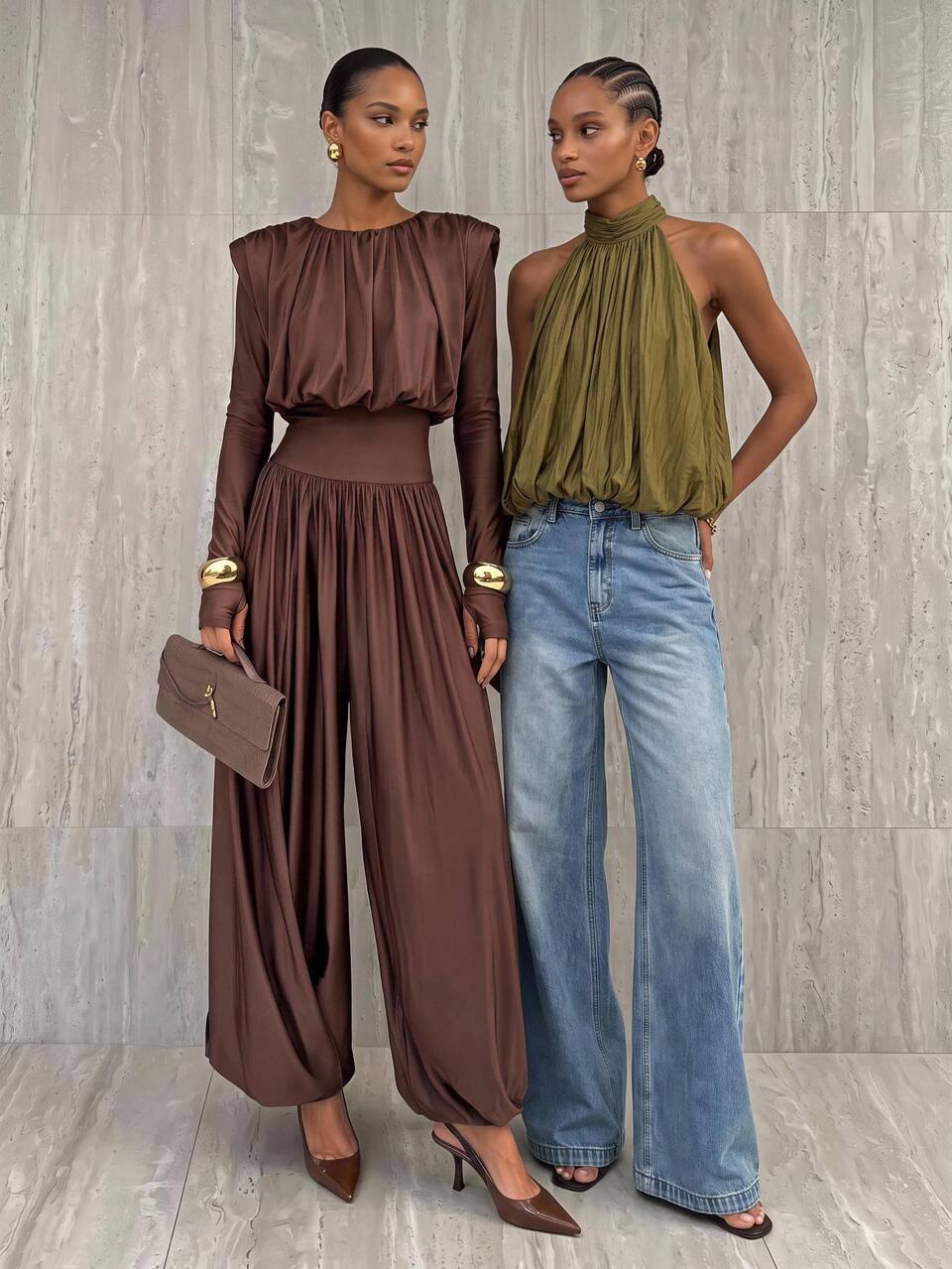 SHEIN Maija Solid Ruched Wide Leg Jumpsuit