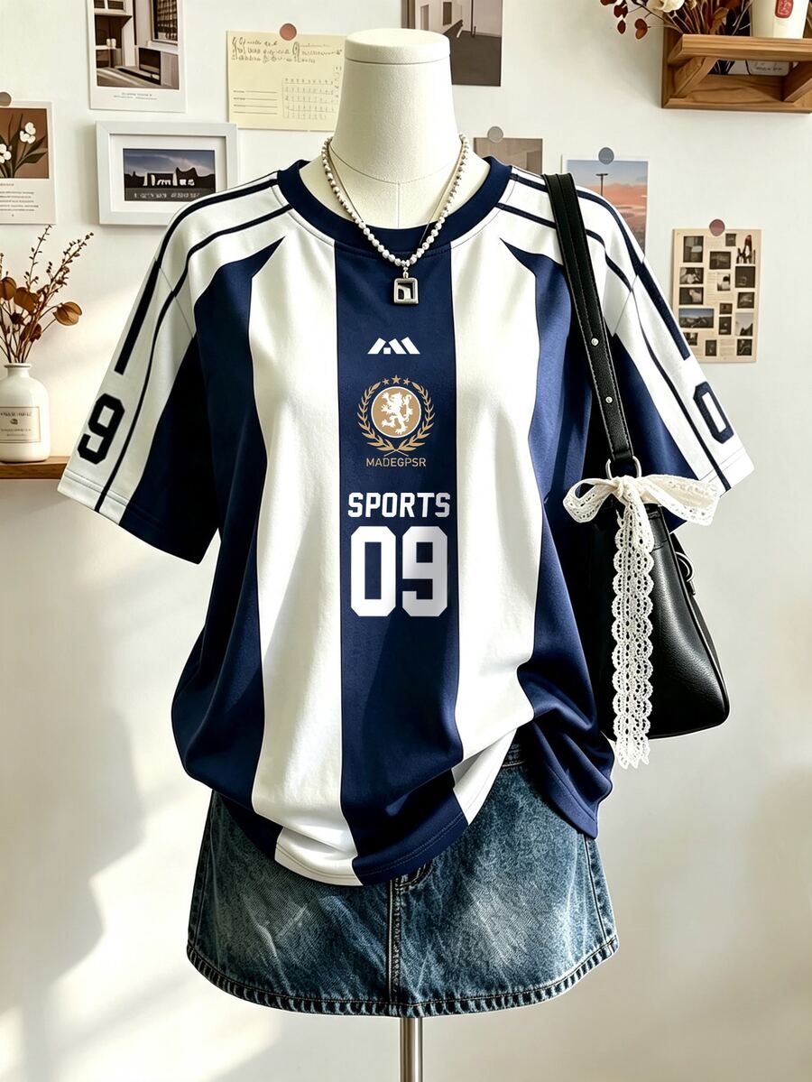 Lalippa 大尺碼拼色條紋數字印花圓領T恤 - 彩色 - 查看 1