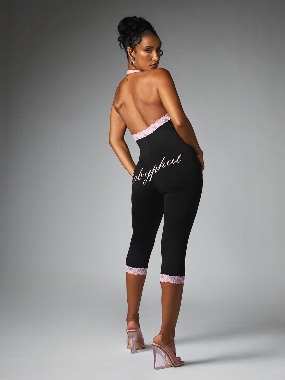 BABYPHAT Halter Neck Capri Jumpsuit With Pink Lace Trim And Script Logo Detail Summer Night Out One-Piece
