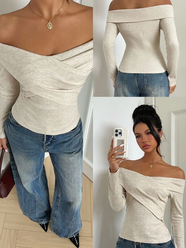 Aloruh Off Shoulder Wrap Cross Tee 	Fall Clothing Going Out Tops  Work Outfits For Women Casual Blouses For Women