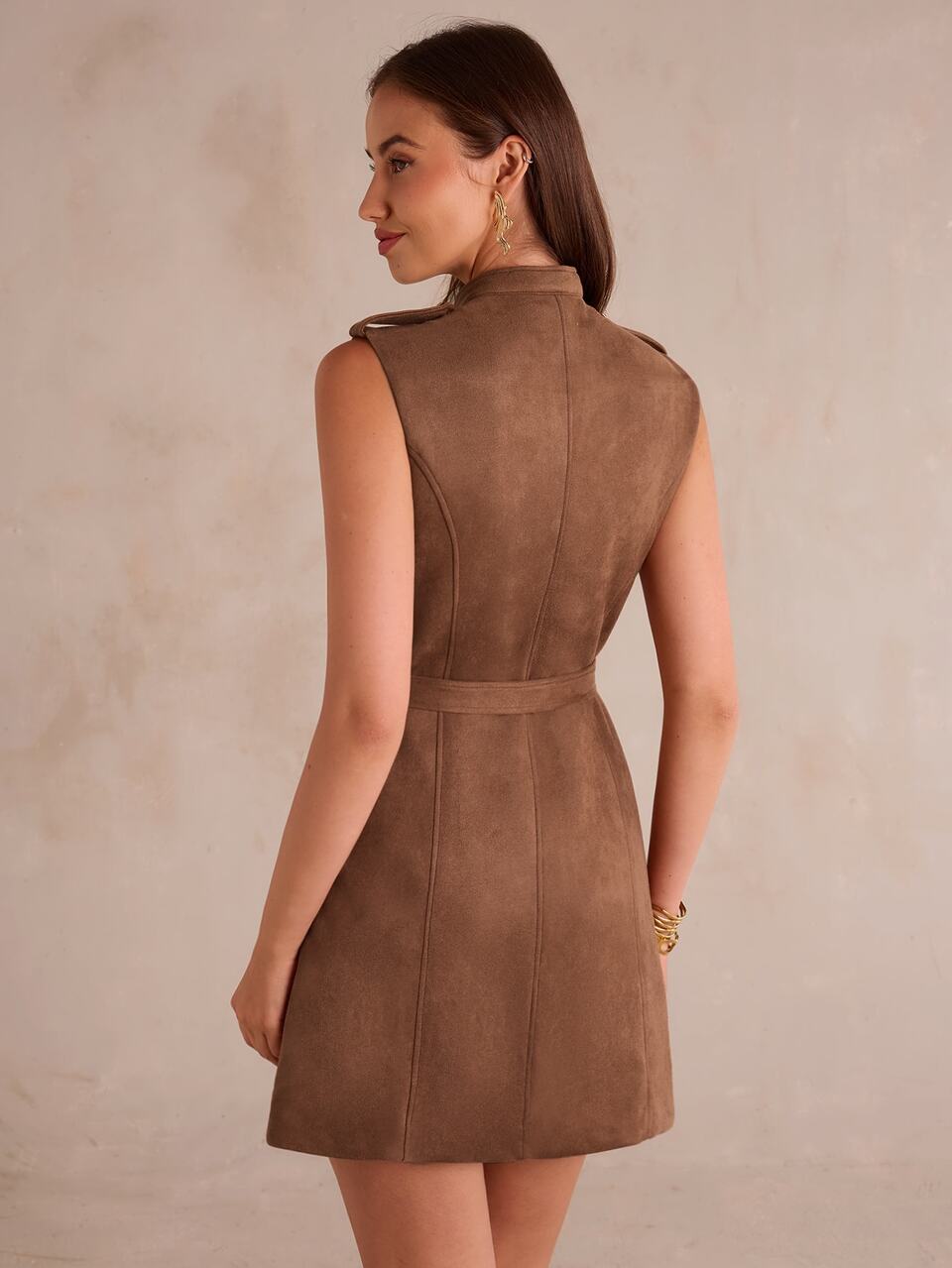 Enchnt Premium Pre-Fall Romantic Women's Elegant Brown Suede Napoleon-Style Double-Breasted Dress,Casual Dress,Festival Outfit,Teacher Work,Formal