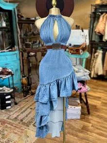 NostaNoir Women's Fashion Asymmetrical Halter Neck Denim Effect Dress Club Vacation Light Blue Autumn Breezy Tropical - Blue - View 4