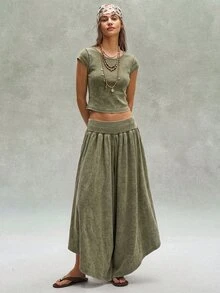 Bohemela 女款休閒純色針織水洗修身T恤與寬鬆寬腿長褲兩件套 - 軍綠色 - 查看 6