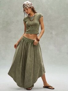 Bohemela 女款休閒純色針織水洗修身T恤與寬鬆寬腿長褲兩件套 - 軍綠色 - 查看 5