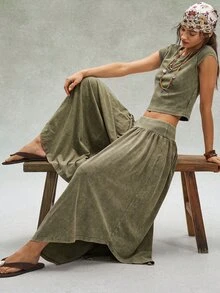 Bohemela 女款休閒純色針織水洗修身T恤與寬鬆寬腿長褲兩件套 - 軍綠色 - 查看 3