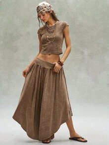 Bohemela 女款休閒純色針織水洗修身T恤與寬鬆寬腿長褲兩件套 - 咖啡棕 - 查看 5