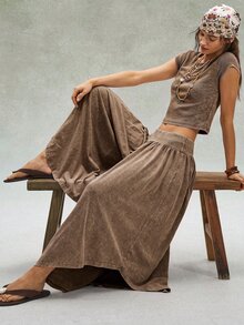 Bohemela 女款休閒純色針織水洗修身T恤與寬鬆寬腿長褲兩件套 - 咖啡棕 - 查看 3