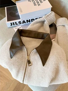 Franclia Premium Leather Polo Collar Patchwork Knit Cardigan With Double Zipper, Slouchy Sweater Jacket For Women - Apricot - View 4