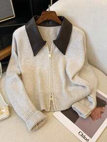 Franclia Premium Leather Polo Collar Patchwork Knit Cardigan With Double Zipper, Slouchy Sweater Jacket For Women - Apricot - View 2