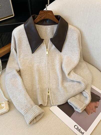 Franclia Premium Leather Polo Collar Patchwork Knit Cardigan With Double Zipper, Slouchy Sweater Jacket For Women