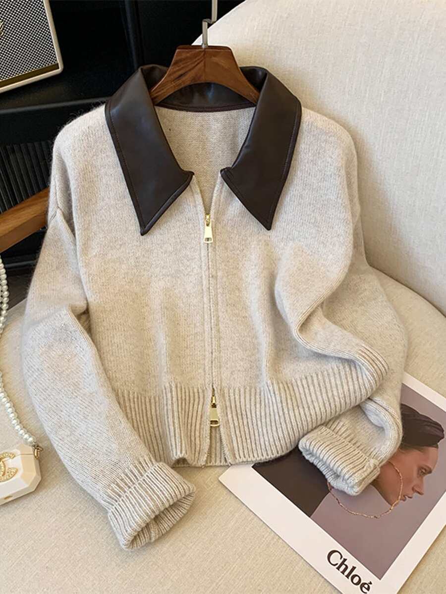Franclia Premium Leather Polo Collar Patchwork Knit Cardigan With Double Zipper, Slouchy Sweater Jacket For Women