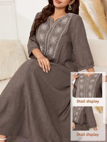 Lacomfia Plus Size Women's Loose Casual A-Line Notch Neck Mid-Sleeve Two-Tone Fabric Contrast Color Embroidered Elegant Autumn Long Dress - Brown - View 1