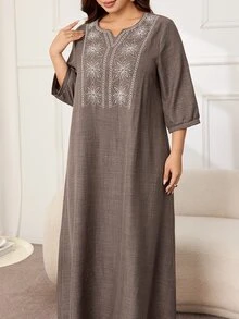 Lacomfia Plus Size Women's Loose Casual A-Line Notch Neck Mid-Sleeve Two-Tone Fabric Contrast Color Embroidered Elegant Autumn Long Dress - Brown - View 8