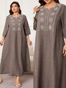 Lacomfia Plus Size Women's Loose Casual A-Line Notch Neck Mid-Sleeve Two-Tone Fabric Contrast Color Embroidered Elegant Autumn Long Dress - Brown - View 3