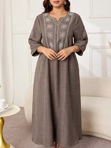 Lacomfia Plus Size Women's Loose Casual A-Line Notch Neck Mid-Sleeve Two-Tone Fabric Contrast Color Embroidered Elegant Autumn Long Dress - Brown - View 7