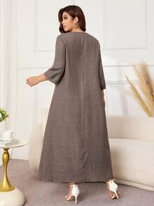 Lacomfia Plus Size Women's Loose Casual A-Line Notch Neck Mid-Sleeve Two-Tone Fabric Contrast Color Embroidered Elegant Autumn Long Dress - Brown - View 2