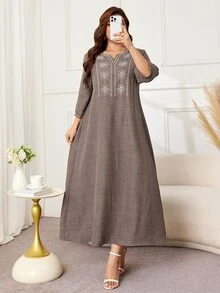 Lacomfia Plus Size Women's Loose Casual A-Line Notch Neck Mid-Sleeve Two-Tone Fabric Contrast Color Embroidered Elegant Autumn Long Dress - Brown - View 6