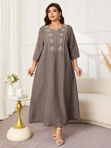 Lacomfia Plus Size Women's Loose Casual A-Line Notch Neck Mid-Sleeve Two-Tone Fabric Contrast Color Embroidered Elegant Autumn Long Dress - Brown - View 5