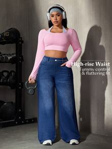 Flexra Celana Jeans Denim Kasual Stretch Musim Panas untuk Wanita Ukuran Plus - Medium Wash - View 11