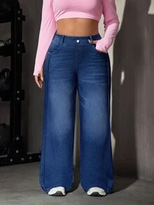Flexra Celana Jeans Denim Kasual Stretch Musim Panas untuk Wanita Ukuran Plus - Medium Wash - View 6