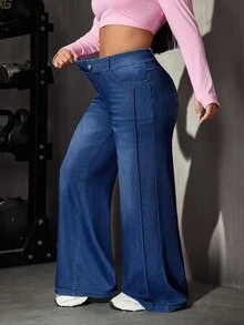 Flexra Celana Jeans Denim Kasual Stretch Musim Panas untuk Wanita Ukuran Plus - Medium Wash - View 9