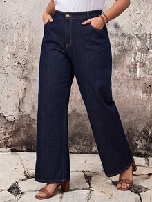 EMERY ROSE Jeans de Mezclilla Rectos Azul Marino Elegantes Casuales Minimalistas Talla Grande Verano Formal - Azul lavado oscuro - Ver 5