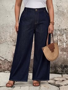 EMERY ROSE Jeans de Mezclilla Rectos Azul Marino Elegantes Casuales Minimalistas Talla Grande Verano Formal - Azul lavado oscuro - Ver 6