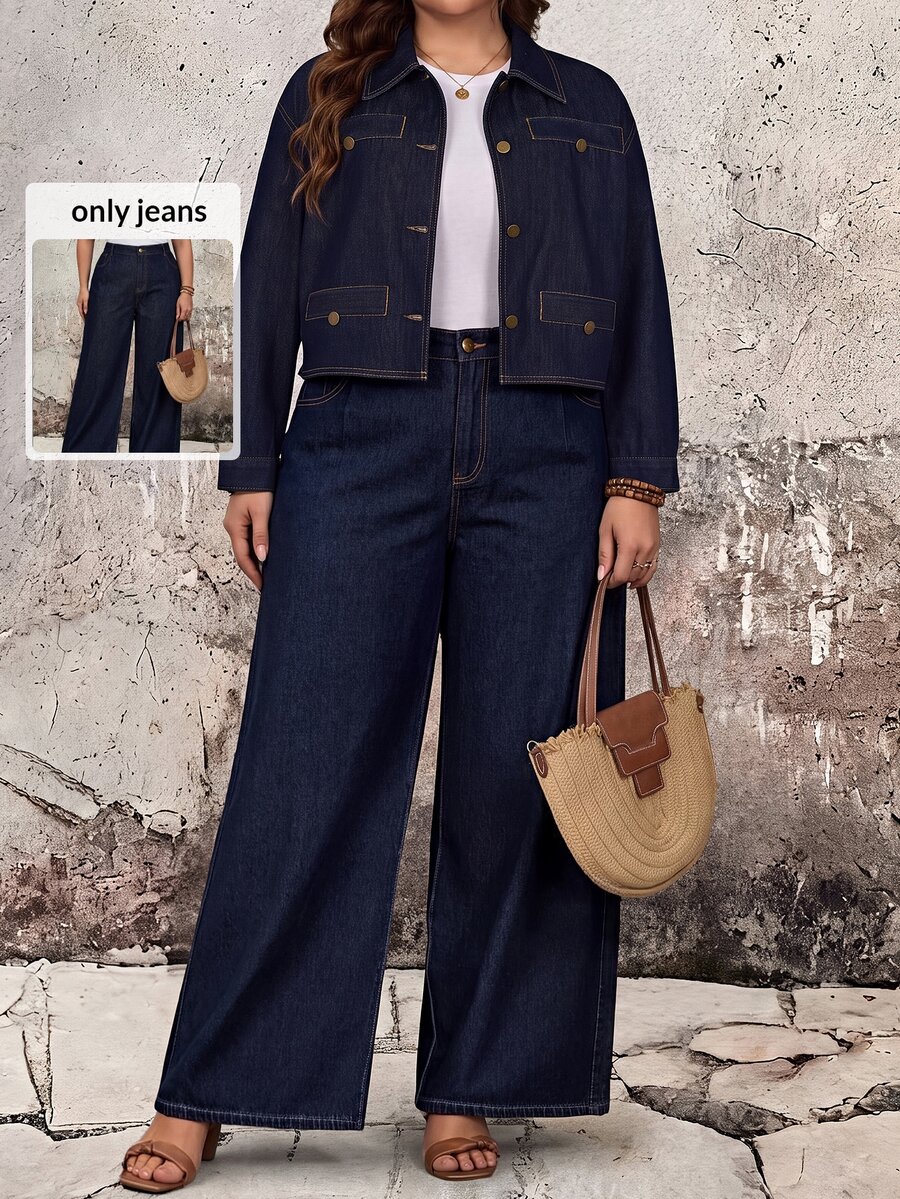 EMERY ROSE Jeans de Mezclilla Rectos Azul Marino Elegantes Casuales Minimalistas Talla Grande Verano Formal