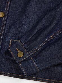 EMERY ROSE Plus Size Fashion Versatile Solid Color Washed Denim Jacket Formal Vacation Navy Blue Autumn Casual 1960s - Dark Wash - View 4