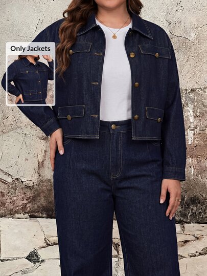 EMERY ROSE Plus Size Fashion Versatile Solid Color Washed Denim Jacket Formal Vacation Navy Blue Autumn Casual 1960s