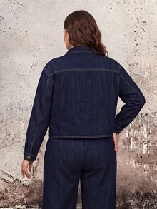 EMERY ROSE Plus Size Fashion Versatile Solid Color Washed Denim Jacket Formal Vacation Navy Blue Autumn Casual 1960s - Dark Wash - View 2
