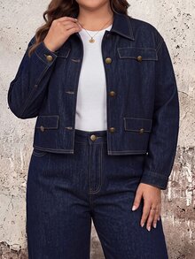 EMERY ROSE Plus Size Fashion Versatile Solid Color Washed Denim Jacket Formal Vacation Navy Blue Autumn Casual 1960s - Dark Wash - View 7